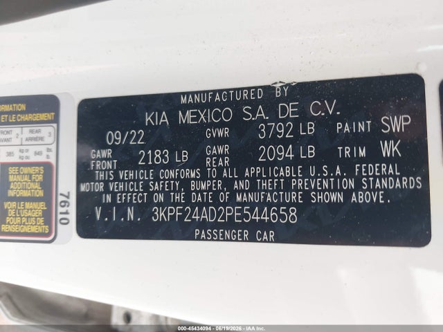Aukcja sprzedaży 2023 Kia Forte Lxs, vin: 3KPF24AD2PE544658, numer aukcji: 45434094