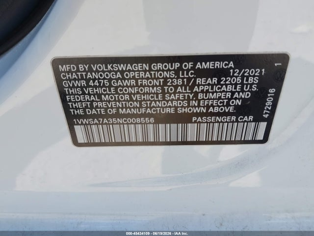 Aukcja sprzedaży 2022 Volkswagen Passat 2.0t Se, vin: 1VWSA7A35NC008556, numer aukcji: 45434109