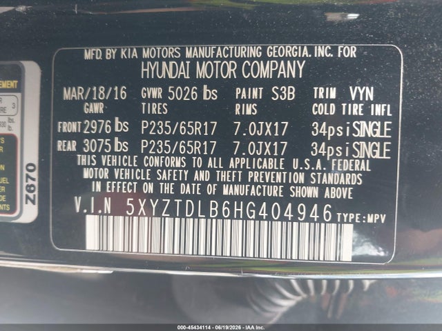 5XYZTDLB6HG404946 Hyundai Santa Fe Sport 2.4l