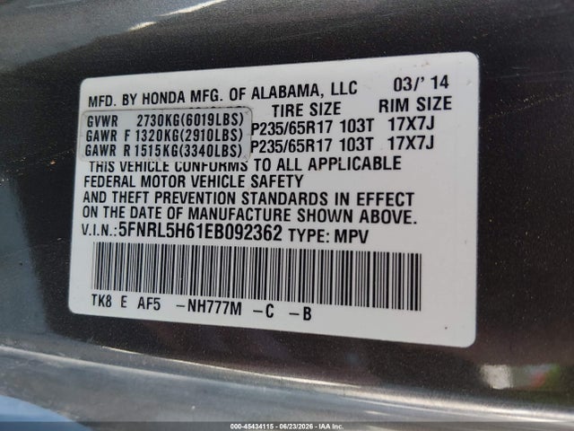 Honda Odyssey Ex-l 2014 5FNRL5H61EB092362 Image 9