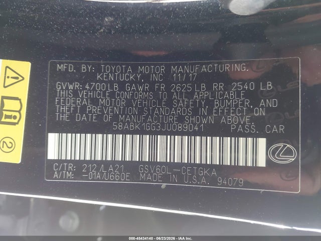 Продажа на аукционе авто 2018 Lexus Es 350, vin: 58ABK1GG3JU089041, номер лота: 45434140