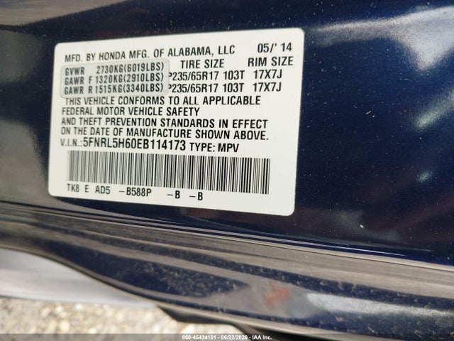 Auction sale of the 2014 Honda Odyssey Ex-l, vin: 5FNRL5H60EB114173, lot number: 45434151