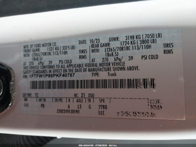 Продажа на аукционе авто 2023 Ford F150 Police Responder, vin: 1FTFW1P86PKF40767, номер лота: 45434169