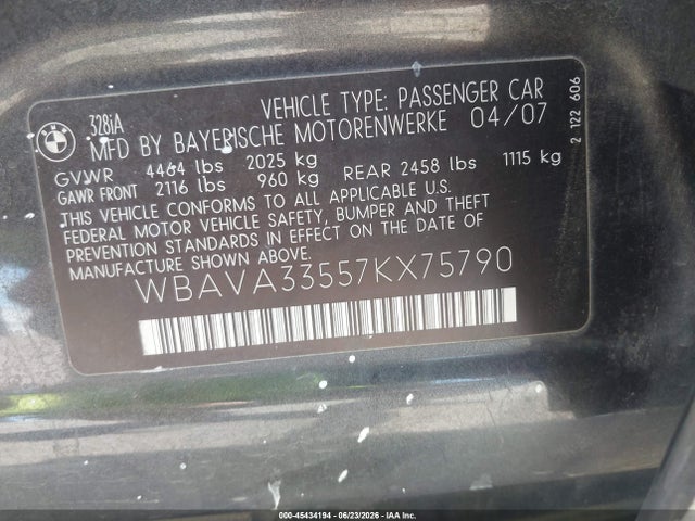 Продажа на аукционе авто 2007 Bmw 328i, vin: WBAVA33557KX75790, номер лота: 45434194