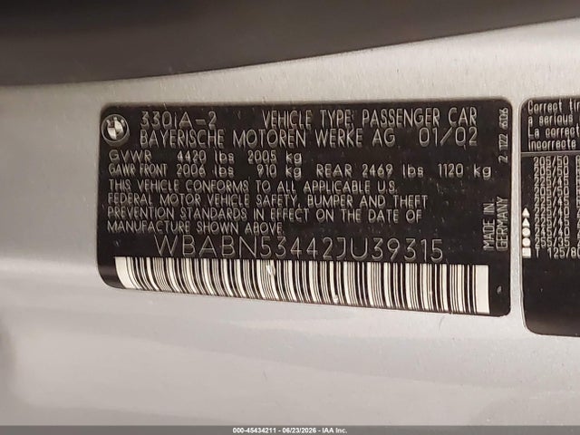Aukcja sprzedaży 2002 Bmw 3 Series 330ci, vin: WBABN53442JU39315, numer aukcji: 45434211