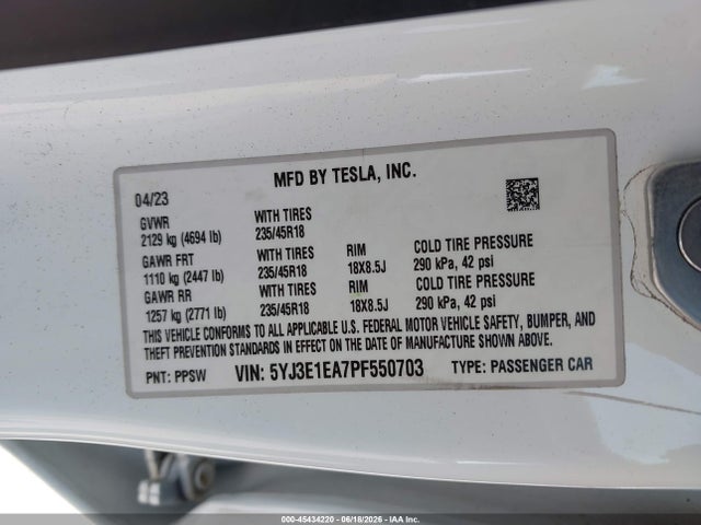 2023 Tesla Model 3 მანქანა იყიდება აუქციონზე, vin: 5YJ3E1EA7PF550703, აუქციონის ნომერი: 45434220