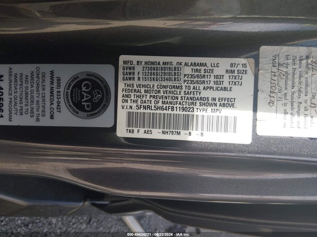 Продажа на аукционе авто 2015 Honda Odyssey Ex-l, vin: 5FNRL5H64FB119023, номер лота: 45434221