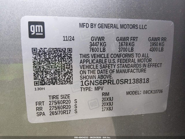 2025 Chevrolet Tahoe 4wd Z71 მანქანა იყიდება აუქციონზე, vin: 1GNS6PRL0SR138818, აუქციონის ნომერი: 45434232