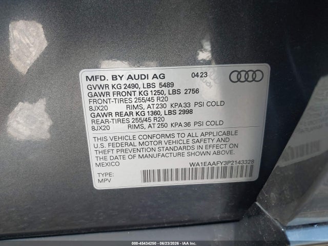 45434250 :رقم المزاد ، WA1EAAFY3P2143328 vin ، 2023 Audi Q5 Premium Plus 45 Tfsi S Line Quattro مزاد بيع