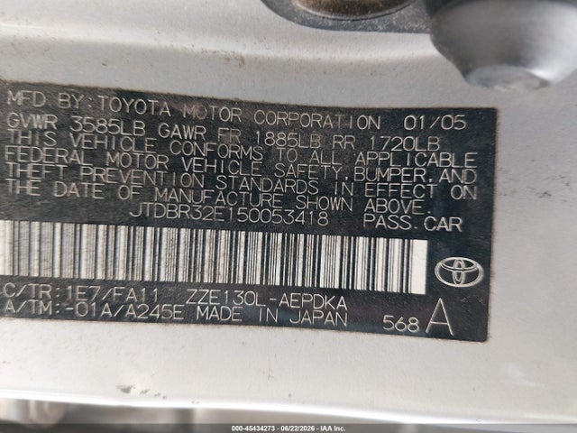 2005 Toyota Corolla Ce მანქანა იყიდება აუქციონზე, vin: JTDBR32E150053418, აუქციონის ნომერი: 45434273