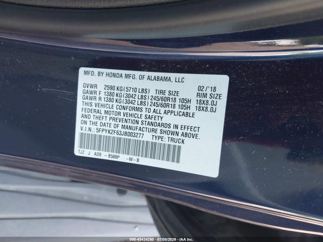 Aukcja sprzedaży 2018 Honda Ridgeline Rtl-t, vin: 5FPYK2F63JB003277, numer aukcji: 45434290