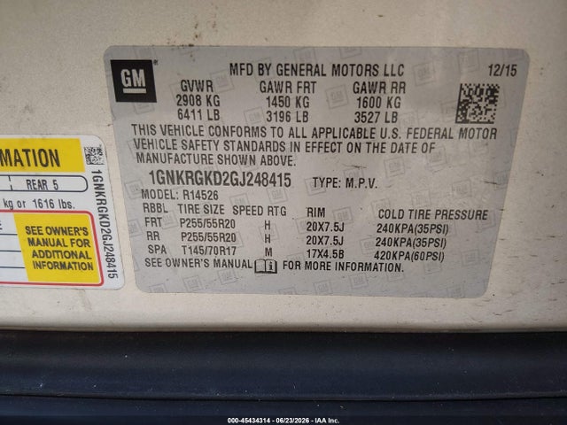 Chevrolet Traverse 1lt 2016 1GNKRGKD2GJ248415 Image 9