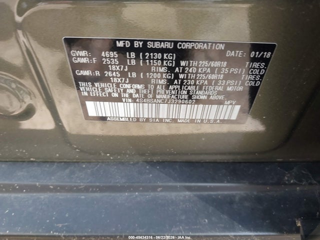 Продаж на аукціоні авто 2018 Subaru Outback 2.5i Limited, vin: 4S4BSANC7J3290602, номер лоту: 45434316