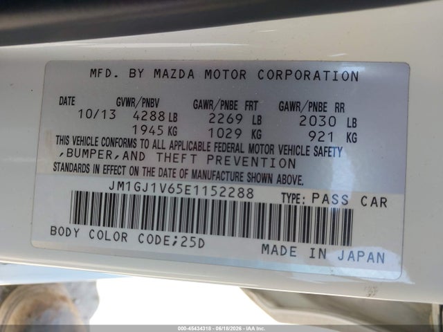 45434318 :رقم المزاد ، JM1GJ1V65E1152288 vin ، 2014 Mazda Mazda6 I Touring مزاد بيع