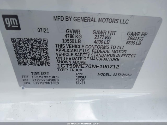 45434326 :رقم المزاد ، 1GT59ME70NF100712 vin ، 2022 Gmc Sierra 2500hd 4wd  Standard Bed Sle مزاد بيع
