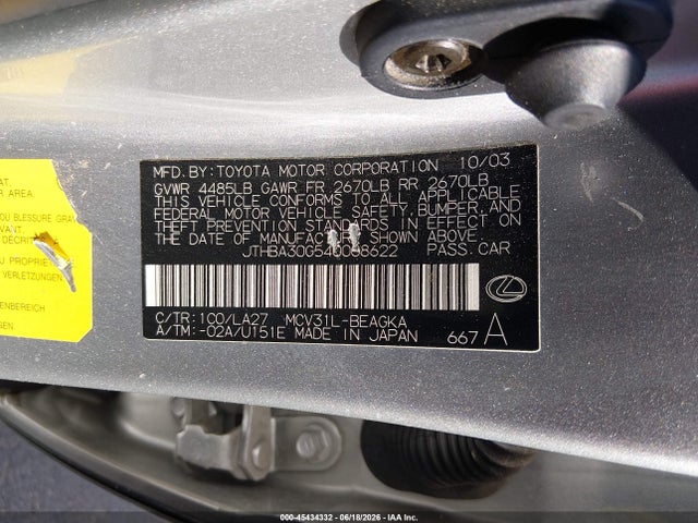 45434332 :رقم المزاد ، JTHBA30G540008622 vin ، 2004 Lexus Es 330 مزاد بيع