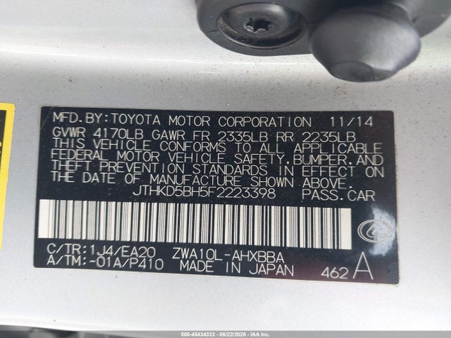 Продажа на аукционе авто 2015 Lexus Ct 200h, vin: JTHKD5BH5F2223398, номер лота: 45434333