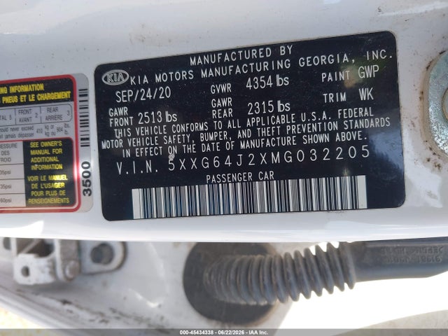 Aukcja sprzedaży 2021 Kia K5 Gt-line, vin: 5XXG64J2XMG032205, numer aukcji: 45434338