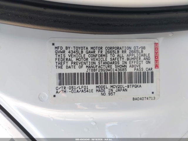 Aukcja sprzedaży 1998 Lexus Es 300, vin: JT8BF28G9W0143685, numer aukcji: 45434348