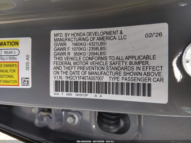 Продажа на аукционе авто 2026 Honda Accord Se, vin: 1HGCY1F46TA007007, номер лота: 45434356