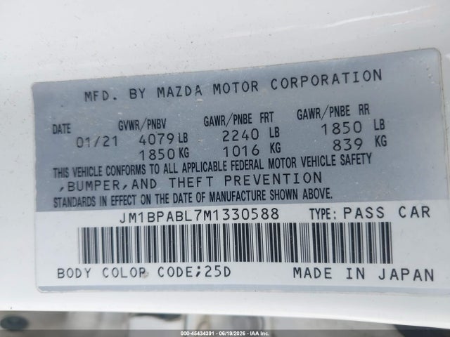 45434391 :رقم المزاد ، JM1BPABL7M1330588 vin ، 2021 Mazda Mazda3 Select مزاد بيع