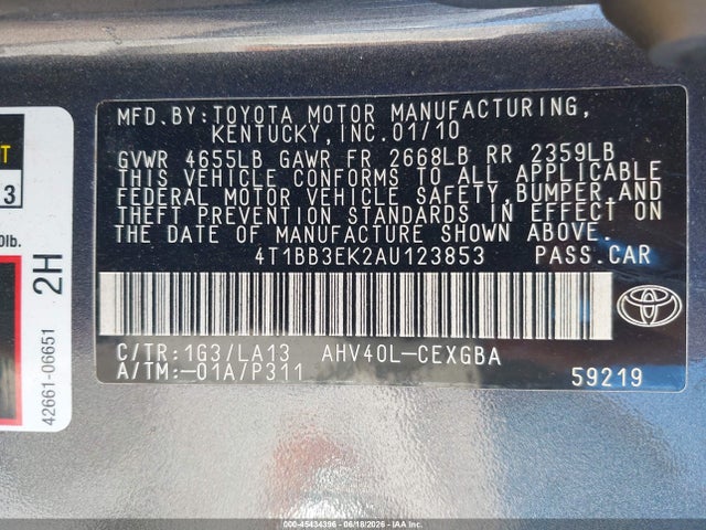 2010 Toyota Camry Hybrid მანქანა იყიდება აუქციონზე, vin: 4T1BB3EK2AU123853, აუქციონის ნომერი: 45434396
