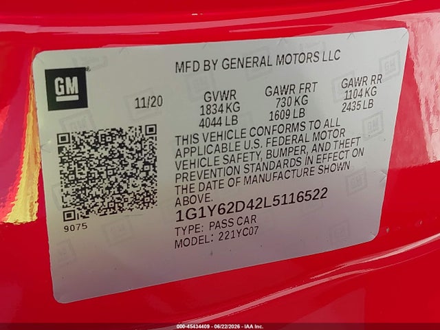 1G1Y62D42L5116522 Chevrolet Corvette Stingray Rwd 1lt