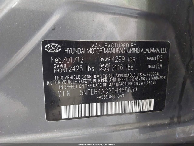 45434415 :رقم المزاد ، 5NPEB4AC2CH465659 vin ، 2012 Hyundai Sonata Gls مزاد بيع