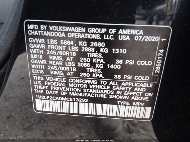 Продажа на аукционе авто 2021 Volkswagen Atlas 2.0t Se, vin: 1V2LP2CA0MC513292, номер лота: 45434421