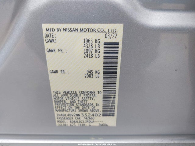 1N4BL4BV2NN352402 Nissan Altima S Fwd