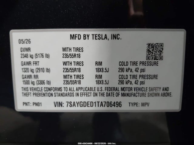 Продажа на аукционе авто 2026 Tesla Model Y Premium Rear-wheel Drive/rear-wheel Drive, vin: 7SAYGDED1TA706496, номер лота: 45434466