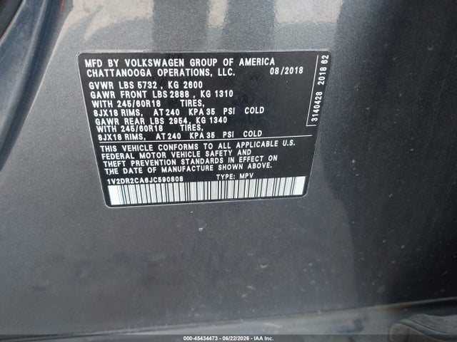 2018 Volkswagen Atlas 3.6l V6 Se/3.6l V6 Se W/technology მანქანა იყიდება აუქციონზე, vin: 1V2DR2CA6JC590808, აუქციონის ნომერი: 45434473