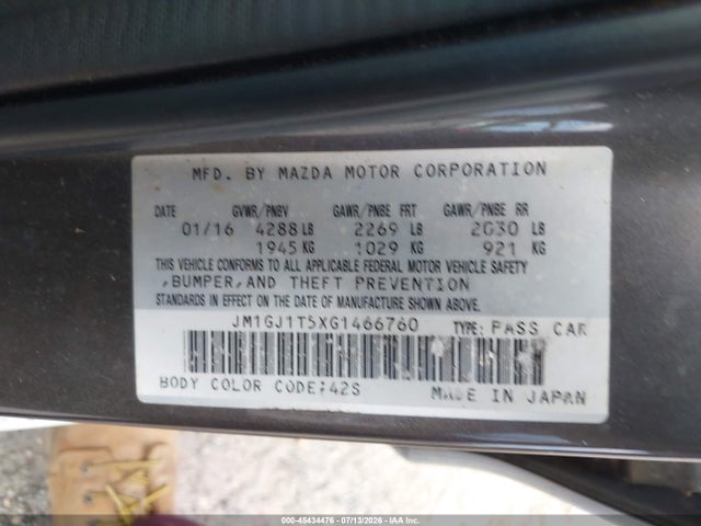 Aukcja sprzedaży 2016 Mazda Mazda6, vin: JM1GJ1T5XG1466760, numer aukcji: 45434476