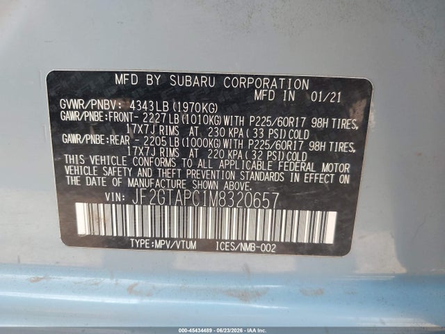 45434489 :رقم المزاد ، JF2GTAPC1M8320657 vin ، 2021 Subaru Crosstrek Premium مزاد بيع