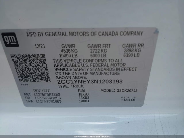 Продажа на аукционе авто 2022 Chevrolet Silverado 2500hd 4wd  Standard Bed Lt, vin: 2GC1YNEY3N1203193, номер лота: 45434504