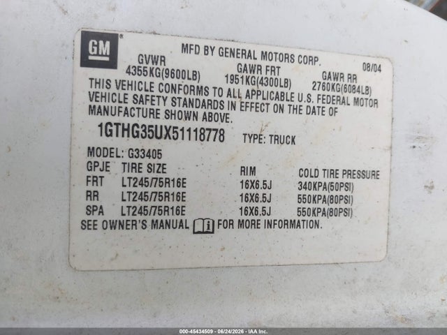 Aukcja sprzedaży 2005 Gmc Savana Standard, vin: 1GTHG35UX51118778, numer aukcji: 45434509