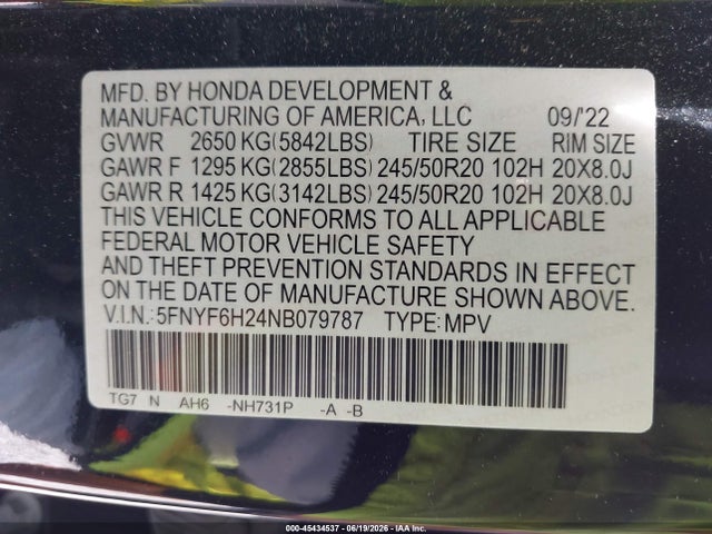 5FNYF6H24NB079787 Honda Pilot Awd Special Edition