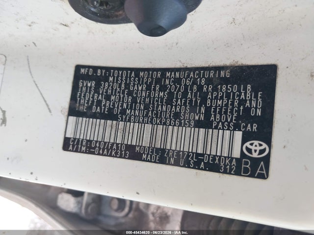 Aukcja sprzedaży 2019 Toyota Corolla L/le/xle/se/xse, vin: 5YFBURHE0KP866159, numer aukcji: 45434620