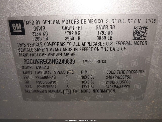 2017 Chevrolet Silverado 1500 Lt მანქანა იყიდება აუქციონზე, vin: 3GCUKREC5HG249839, აუქციონის ნომერი: 45434640