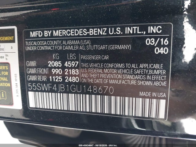 2016 Mercedes-benz C 300 მანქანა იყიდება აუქციონზე, vin: 55SWF4JB1GU148670, აუქციონის ნომერი: 45434647