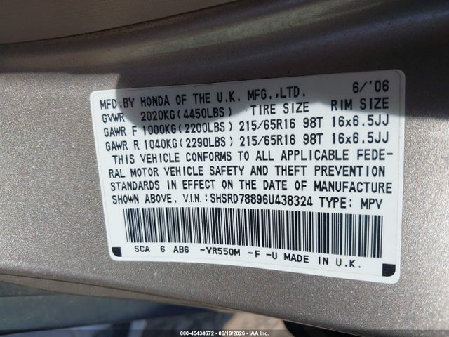 45434672 :رقم المزاد ، SHSRD78896U438324 vin ، 2006 Honda Cr-v Ex مزاد بيع