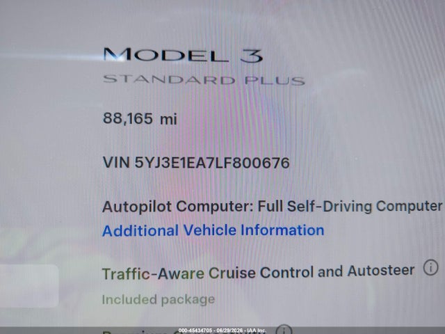 45434705 :رقم المزاد ، 5YJ3E1EA7LF800676 vin ، 2020 Tesla Model 3 Standard Range Plus Rear-wheel Drive/standard Range Rear-wheel Drive مزاد بيع