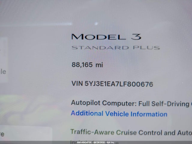 45434705 :رقم المزاد ، 5YJ3E1EA7LF800676 vin ، 2020 Tesla Model 3 Standard Range Plus Rear-wheel Drive/standard Range Rear-wheel Drive مزاد بيع
