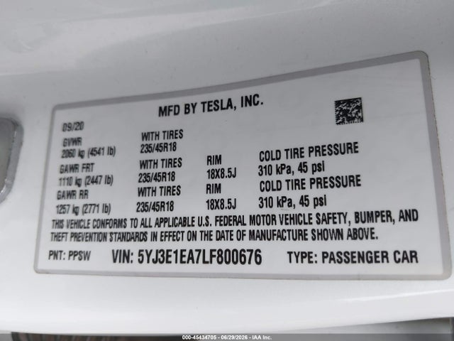 45434705 :رقم المزاد ، 5YJ3E1EA7LF800676 vin ، 2020 Tesla Model 3 Standard Range Plus Rear-wheel Drive/standard Range Rear-wheel Drive مزاد بيع