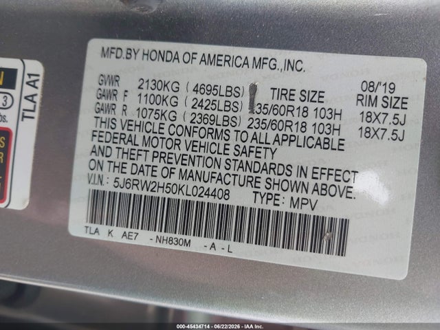 Honda CR-V EX 2019 5J6RW2H50KL024408 Image 9