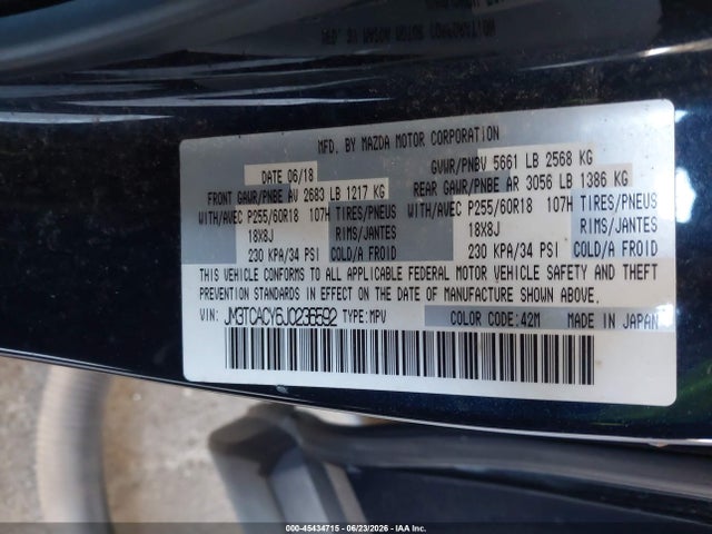 Aukcja sprzedaży 2018 Mazda Cx-9 Touring, vin: JM3TCACY6J0236592, numer aukcji: 45434715