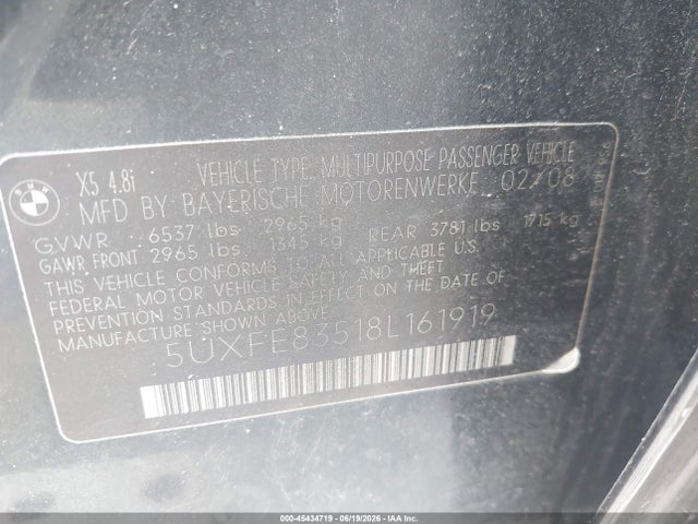 Aukcja sprzedaży 2008 Bmw X5 4.8i, vin: 5UXFE83518L161919, numer aukcji: 45434719
