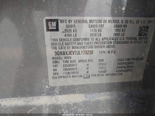 45434725 :رقم المزاد ، 3GNAXJEV7JL179238 vin ، 2018 Chevrolet Equinox Lt مزاد بيع