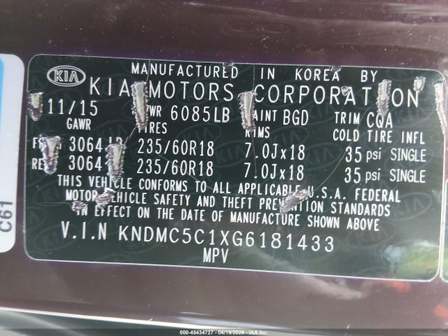 Продаж на аукціоні авто 2016 Kia Sedona Sx, vin: KNDMC5C1XG6181433, номер лоту: 45434727