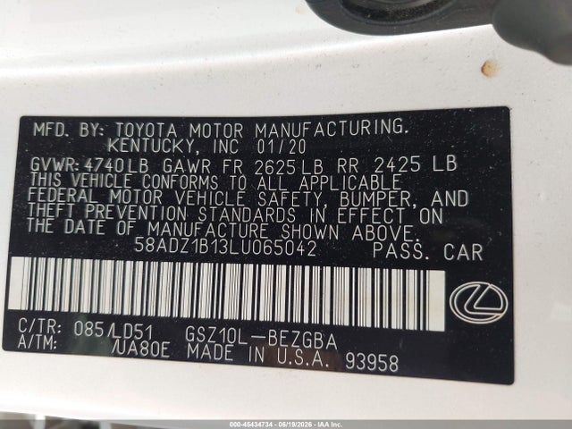 2020 Lexus Es 350 მანქანა იყიდება აუქციონზე, vin: 58ADZ1B13LU065042, აუქციონის ნომერი: 45434734